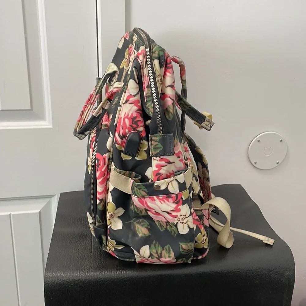 Floral Convertible Backpack Tote - Black with Pink Roses